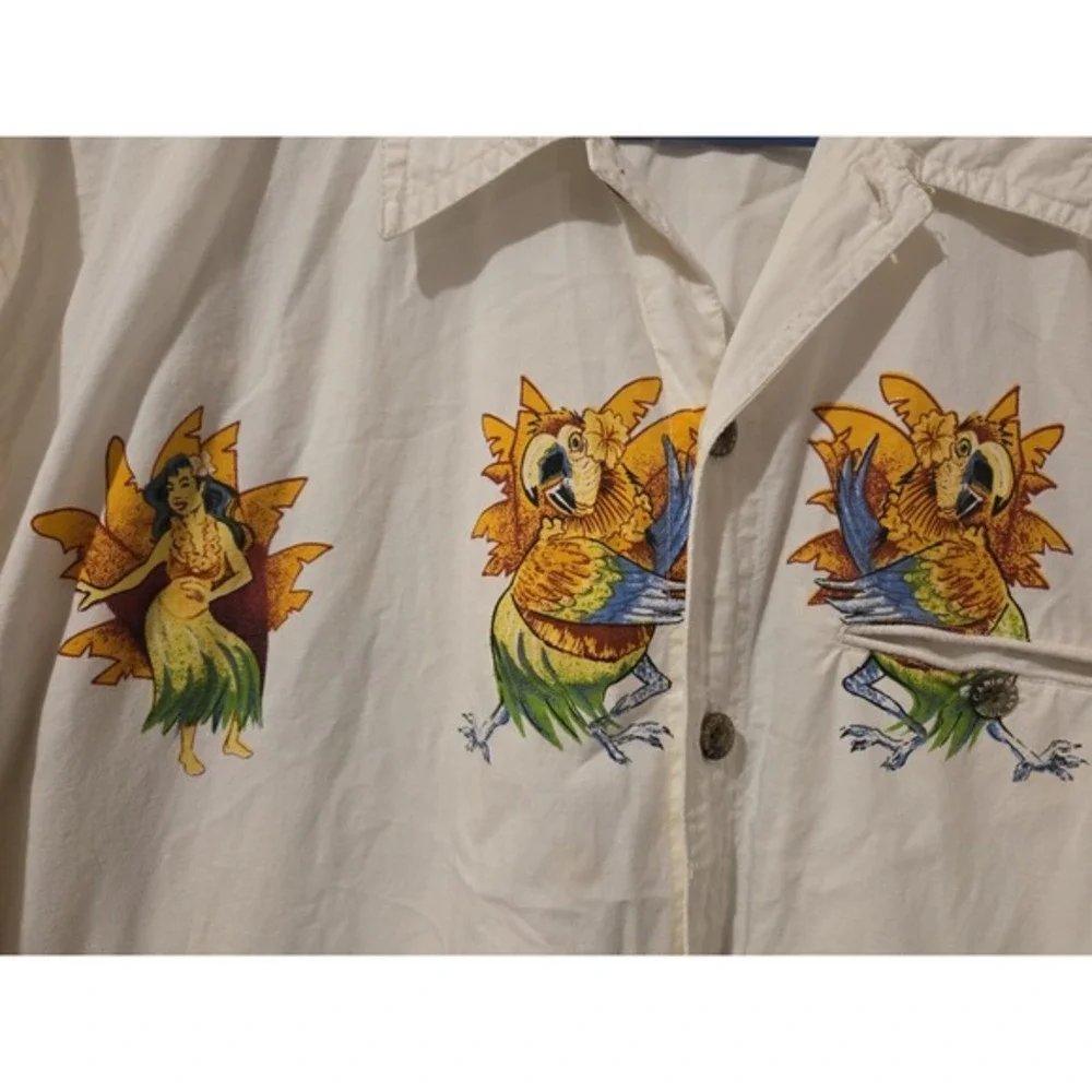 Caribbean Soul Jimmy Buffett Button Up Shirt Sz Medium White Parrots Hula Dancer